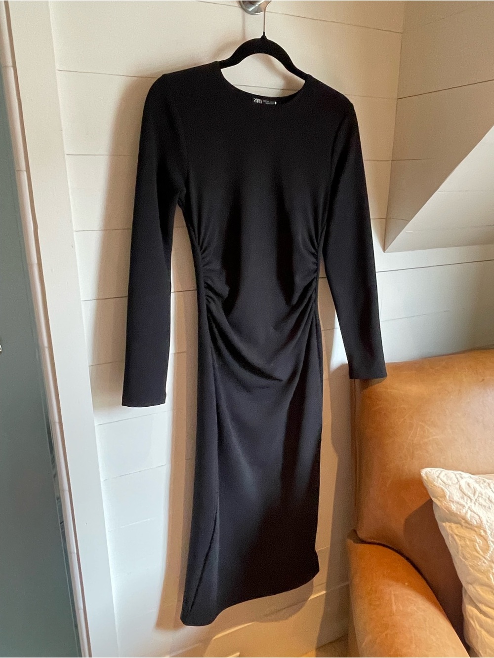 Zara Black Long-Sleeve Ruched Midi Dress